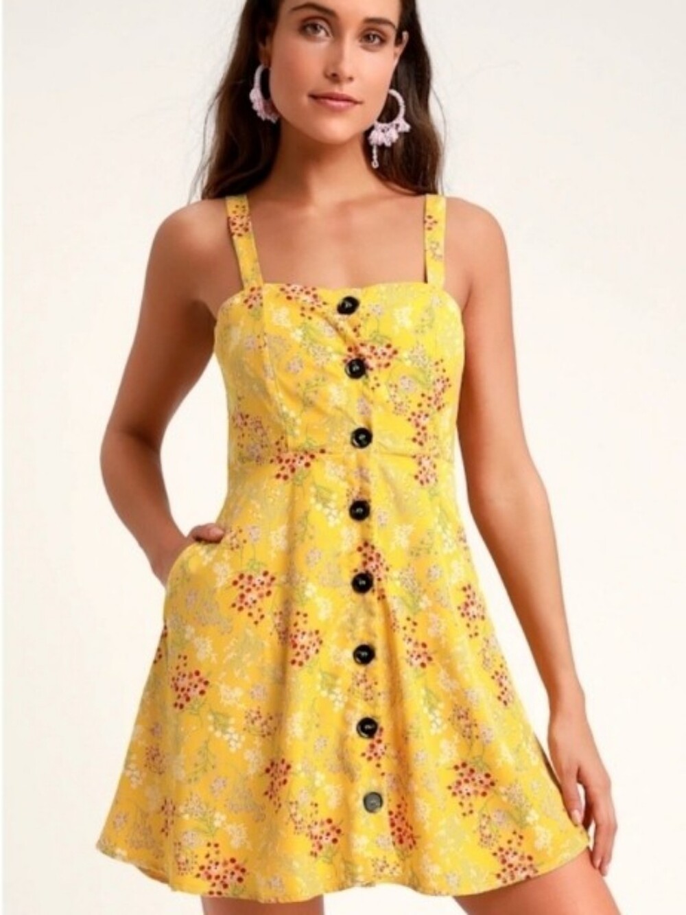 NWOT Lulus Yellow Floral Button-Front Sundress - Size Small